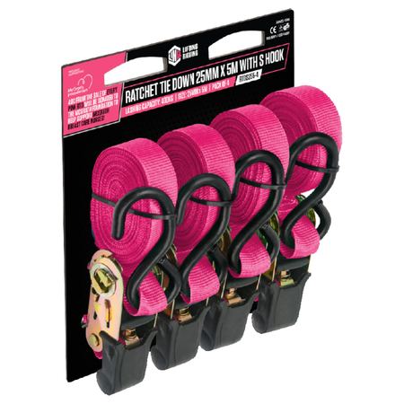 LINQ PINK RATCHET TIE DOWN 25MM X 5M WITH S HOOK - 4 PACK
