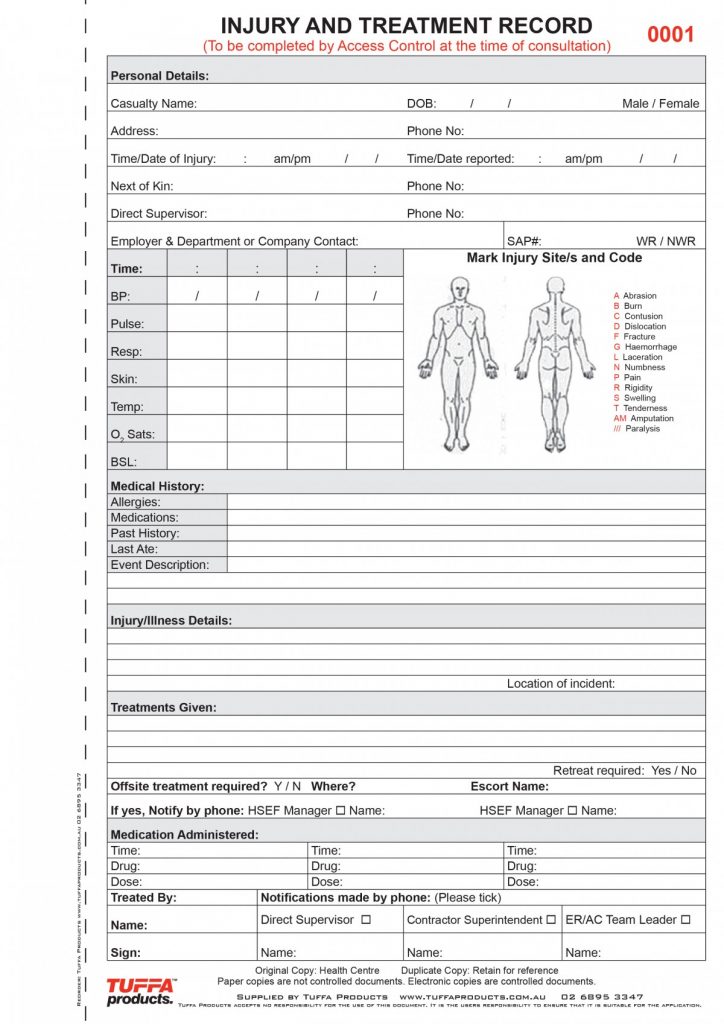 TUFFA INJURY AND TREATMENT RECORD BOOK