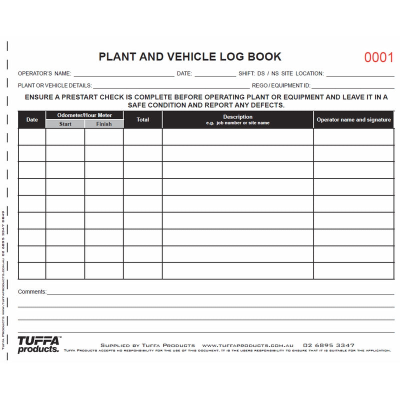 TUFFA PLANT AND VEHICLE LOG BOOK