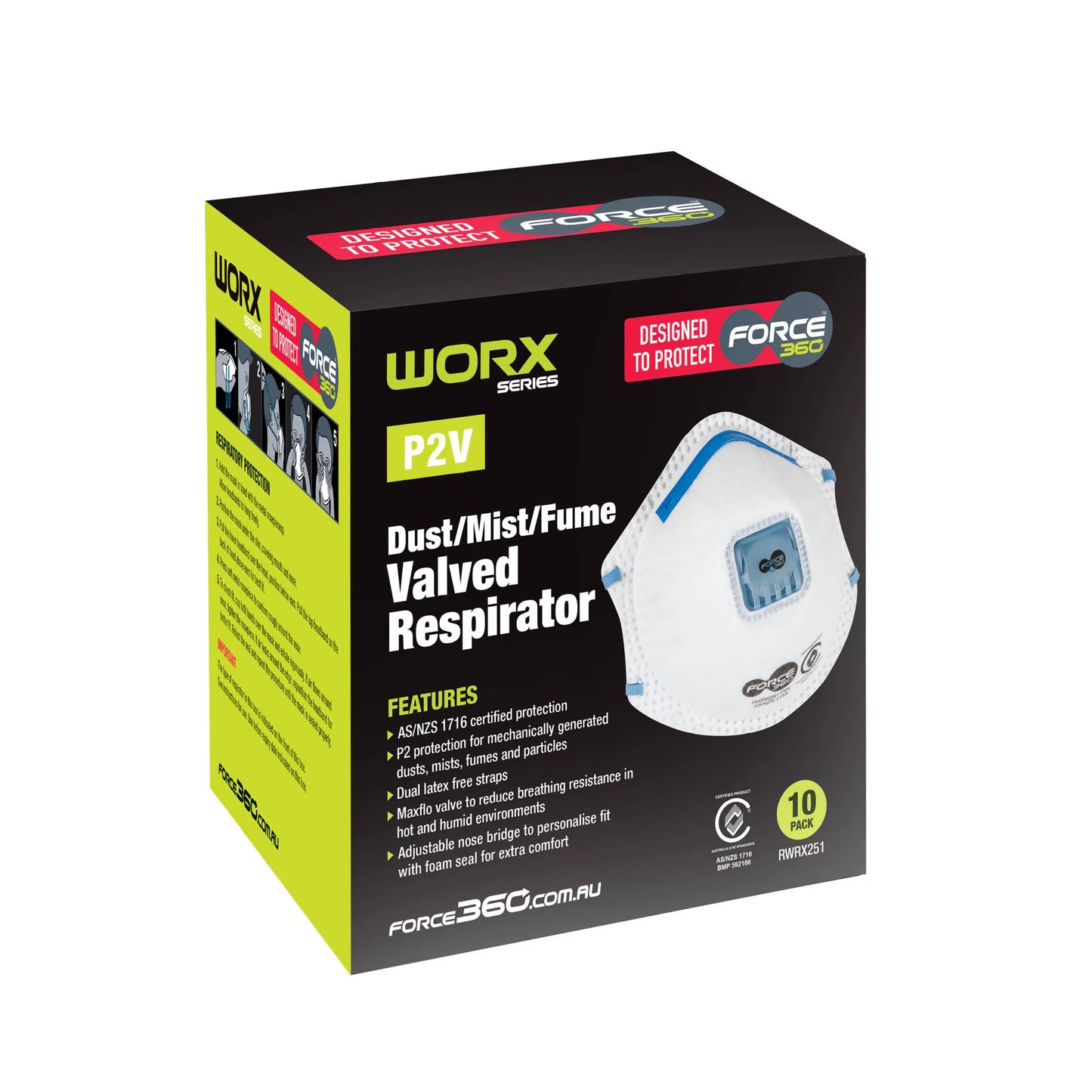 FORCE 360 P2V DISPOSABLE RESPIRATOR 10PK