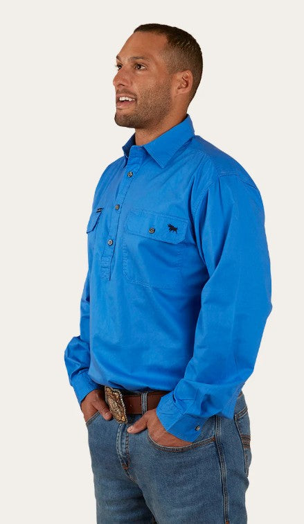 RINGERS WESTERN KING RIVER MENS HALF BUTTON WORK SHIRT - BLUE