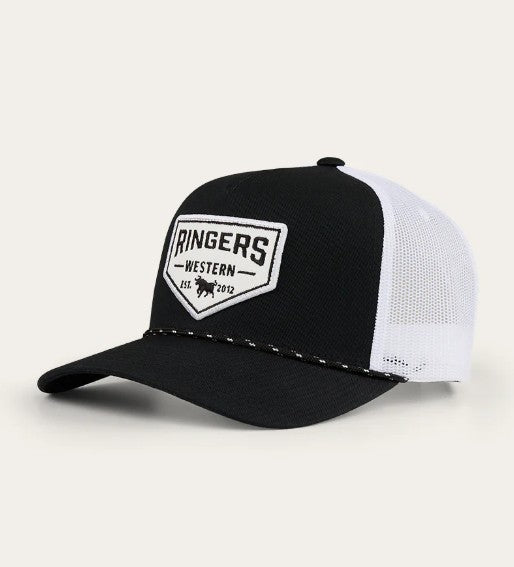 RINGERS WESTERN GARAGE TRUCKER CAP - BLACK WITH WHITE PRINT