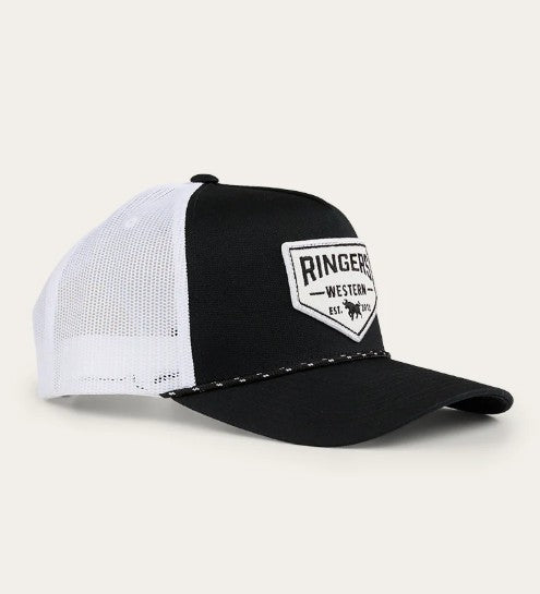 RINGERS WESTERN GARAGE TRUCKER CAP - BLACK WITH WHITE PRINT