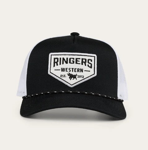 RINGERS WESTERN GARAGE TRUCKER CAP - BLACK WITH WHITE PRINT