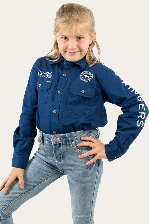 RINGERS WESTERN JACKAROO KIDS FULL BUTTON WORK SHIRT - NAVY/WHITE