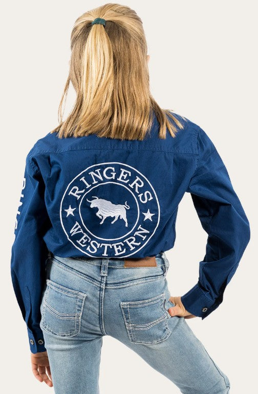RINGERS WESTERN JACKAROO KIDS FULL BUTTON WORK SHIRT - NAVY/WHITE