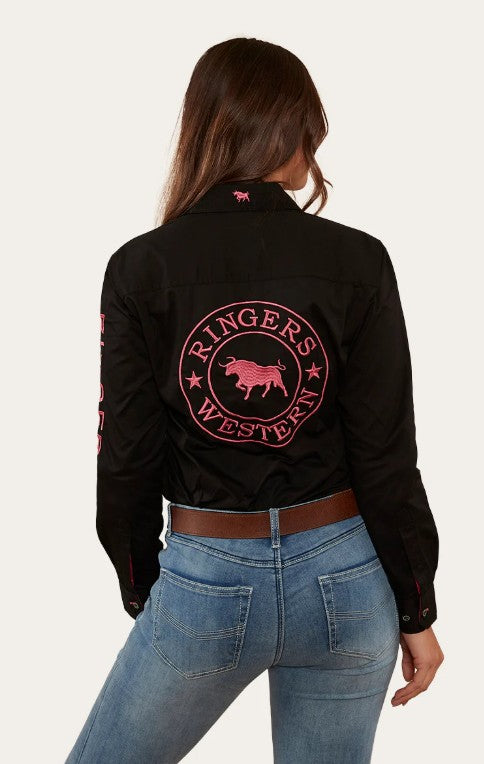 RINGERS WESTERN SIGNATURE JILLAROO WOMENS FULL BUTTON WORK SHIRT - BLACK/MELON