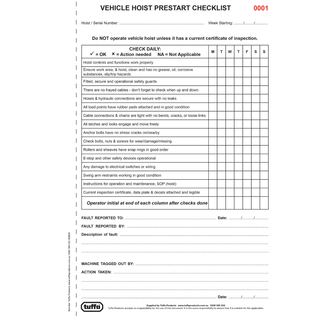 TUFFA VEHICLE HOIST PRESTART BOOK