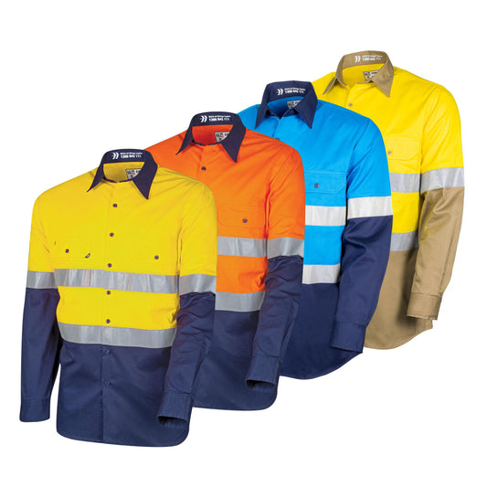 TRU WORKWEAR LIGHTWEIGHT VENTED HI-VIS DRILL SHIRT WITH REFLECTIVE TAPE