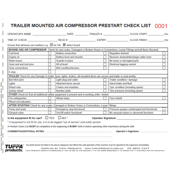 TUFFA AIR COMPRESSOR PRESTART BOOK
