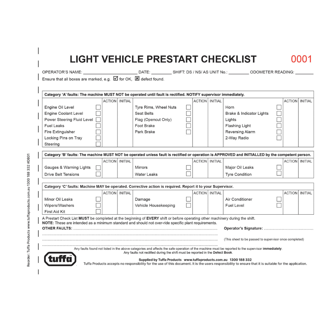 TUFFA LIGHT VEHICLE PRESTART BOOK